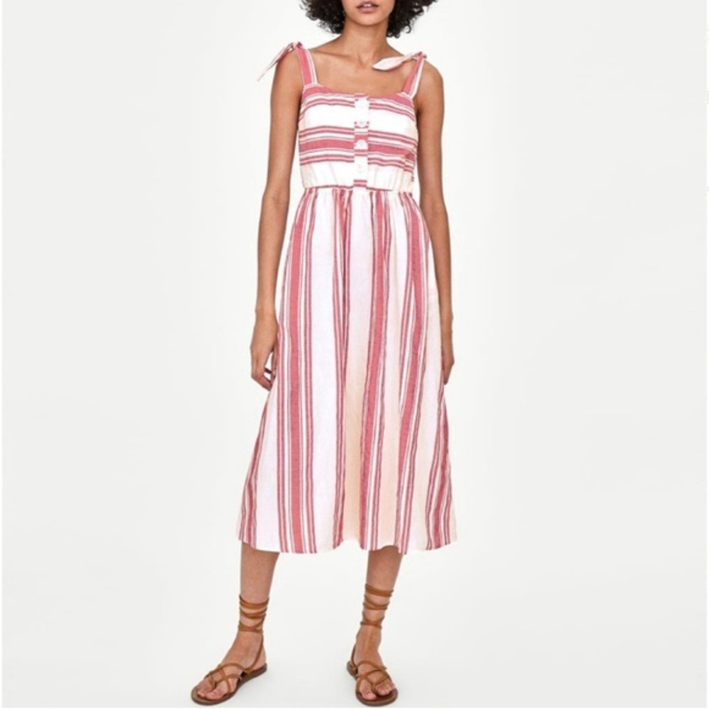 ZARA Trafaluc‎ Red White Striped Tie Shoulder Midi Dress Button Bust Size Large